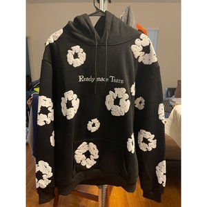 Denim tear cotton flower puff print hoodie